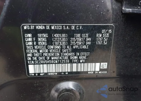 2016 Honda Hr-V Ex z USA, uszkodzony, nr VIN 3CZRU5H58GM712539